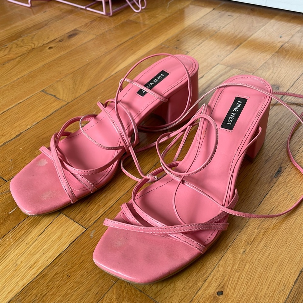 Square Toe Lace Up pink block heels